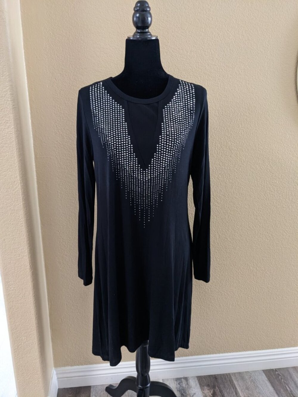 Vocal Little Black Dress Size Lg Long Sleeve Teardrop Tunic Studded Rhinestones